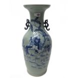 A Chinese celadon ground blue and white two-handled baluster vase, circa 1900,