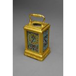 A French miniature engraved Gorge cased three-panel cloisonné enamel carriage timepiece By Drocourt,