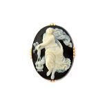 A gold mounted oval banded agate cameo brooch, carved as the figure of a classical lady,