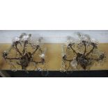 A pair of brass and glass five light wall appliques, 20th century,