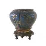 A Chinese cloisonné gilt-metal mounted blue ground small jar and liner, 19th century,