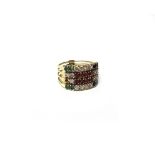 A gold, ruby, sapphire, emerald and colourless gem set ring, in a four section multiple hoop design,