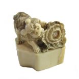 A Japanese ivory netsuke of shishi chewing on the leaves of a cabbage, 19th century, 3cm.