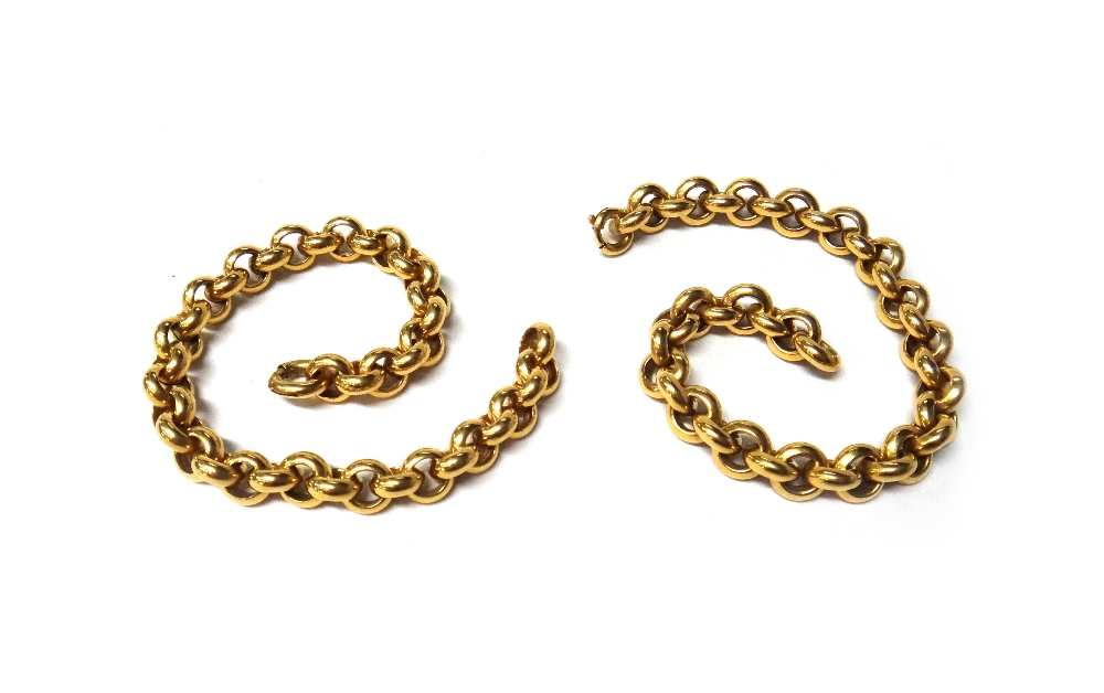 A gold hollow circular link bracelet, detailed 750, with a sprung boltring clasp, length 21.