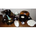 A group of collectables including pill boxes, tigers eye figure of Ganesh,