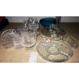A quantity of 20th century glassware including dishes, drinking glasses, blue bowls,