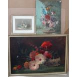 A group of three, including two 20th century oil floral still lives, one signed E.