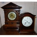 An Edwardian mahogany mantel clock with two train movement and a late Victorian oak cased mantel