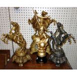After Coustou, a gilded spelter clock and two Marly horses, and a gilded spelter figure 'Le Matin',