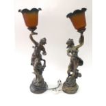 After Louis Moreau, A pair of reproduction bronzed figures of women standing on a rocky outcrop,