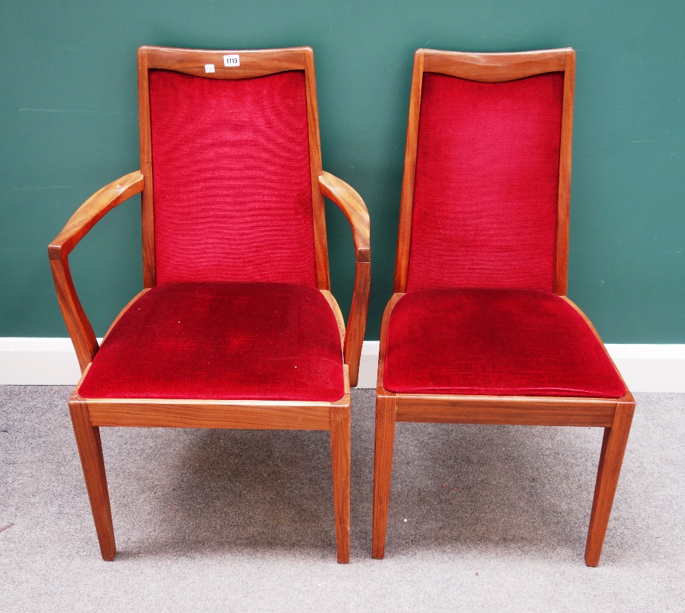G Plan; a set of ten 20th century teak framed dining chairs on tapering square supports,