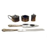 Silver and silver mounted wares, comprising; a three piece condiment set composed of a mustard pot,