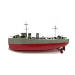 A Sutcliffe tinplate clockwork battleship 'Grenville', grey with a red hull, impressed maker's mark,