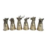 A set of six Gucci plated hunting stirrup cups, each having a differing animal's head to the base,
