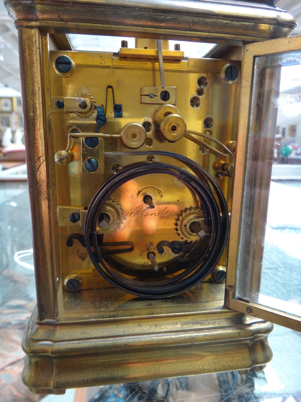 A French grande sonnerie brass gorge cased carriage clock, with alarm, late 19th century, - Image 3 of 9