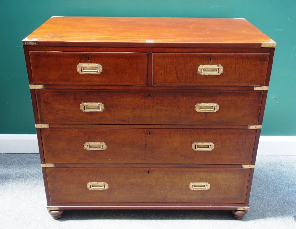 A 19th century brass bound mahogany campaign style chest of two short and three long drawers,
