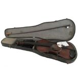 A 19th century violin, lacking interior label, a 14¼ inches, minus button, with a bow and hardcase,