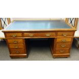 A mid-Victorian oak pedestal desk, with nine drawers about the knee, 184cm wide x 80cm deep.