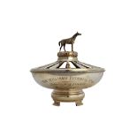 A silver horse racing presentation rose bowl and cover, or circular form,