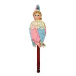 A German bisque head Marot jester doll, early 20th century, with fixed glass eyes and closed mouth,