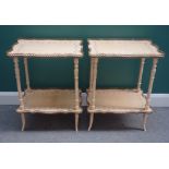 A pair of mid-20th century cream and floral painted shaped rectangular gilt metal mounted two tier