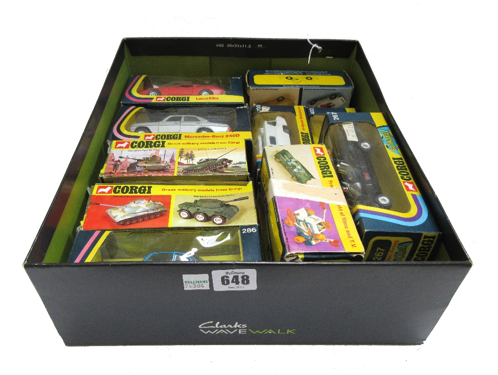 Twelve Corgi die-cast vehicles, including; 267 Batmobile, 286 Jaguar XJ12C, 270 James Bond DB5,