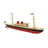 An Arnold tinplate clockwork passenger ship, with cream, black and red livery, maker's mark,