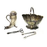 Silver, comprising; a late Victorian sugar caster, formed as a cornucopia,