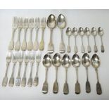 Silver fiddle pattern table flatware, comprising; six table forks, a pair of tablespoons,