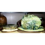 Ceramics including; a lidded serving dish formed as a lettuce, a small cabbage shaped lidded dish,