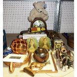 Collectables including; Oak mantel clock, boxed dinosaur toys, art deco style book ends,