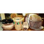 Collectables including; two wooden grain scoops, a large wooden plate, a wicker basket,