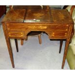 A 19th century inlaid walnut dressing table, with triple hinged top over pair of drawers, 75cm wide.