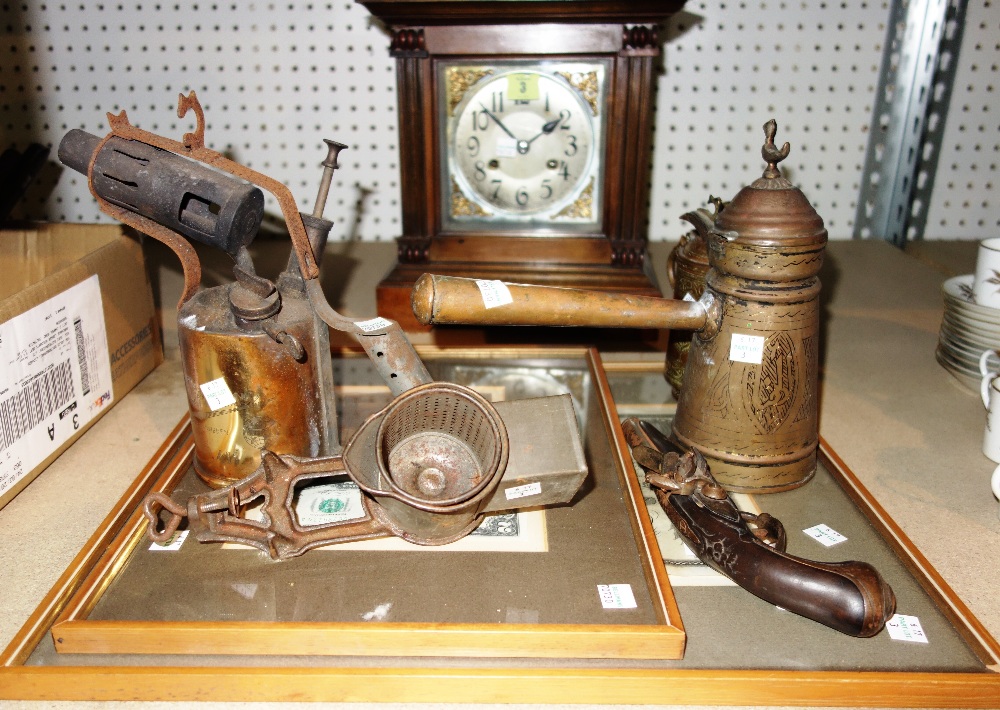 An 8 day mantel clock, a flintlock pistol, two copper jugs, - Image 2 of 2