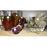 Ceramics and glass including; paperweights, amber decorated glass vase, green and red glass vase,