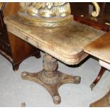 A William IV rosewood D shaped card table, on carved baluster column and quatrefoil base, 87cm wide.