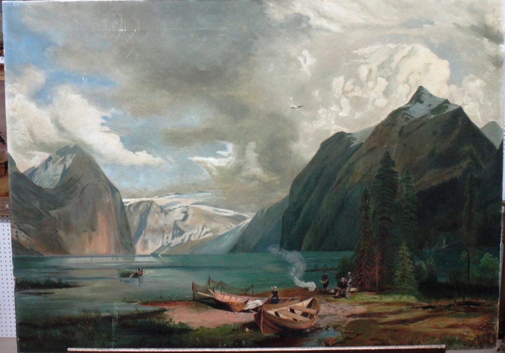 William Riches (19th/ 20th century), Fjord scene with glacier and fisher folk in the foreground,