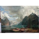 William Riches (19th/ 20th century), Fjord scene with glacier and fisher folk in the foreground,