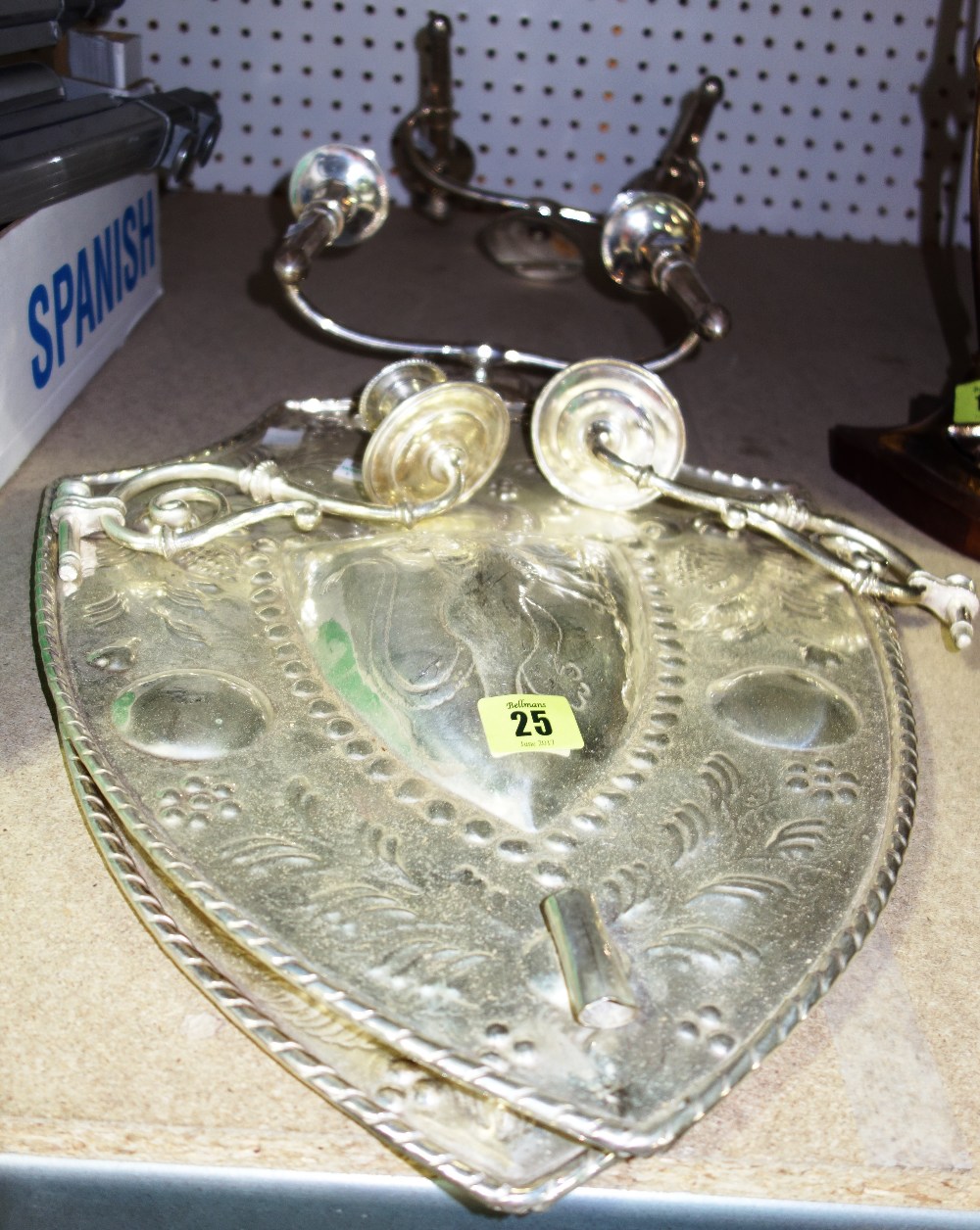 Silver plated wares including; shield back sconces and twin branch sconces, (qty).