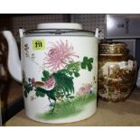 A large Oriental cylindrical teapot painted with pheasants,