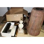 Collectables including; A tribal drum, wooden elephants, faux marble plaque, wooden trays,