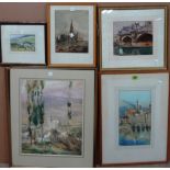 A group of five watercolours of mainly continental scenes,