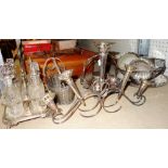 A group of silver plated wares, comprising; a Victorian condiment stand with six bottles,