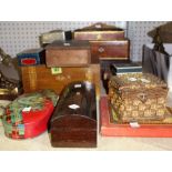 A group of boxes including a 19th century walnut inlaid jewellery box, a leather jewellery box,