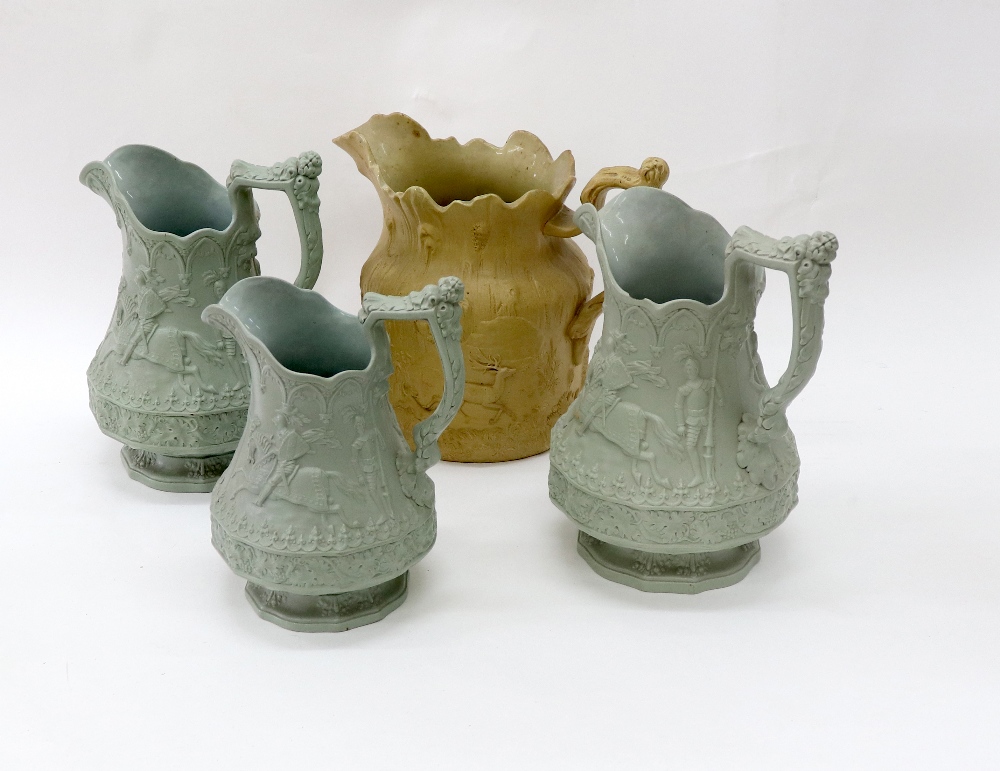 A Graduated set of three Ridgway Son & Co saltglaze jugs,