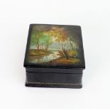 A Russian black papier mache rectangular box, 20th century,