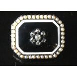 A Victorian diamond, pearl and enamel brooch, of canted rectangular outline,