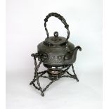 A Victorian Britannia metal tea kettle, on spirit heater stand, Henry Hobson & Sons,