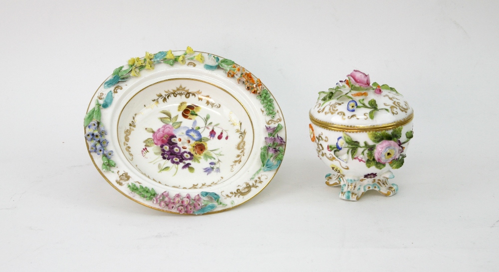 A Coalbrookdale porcelain bowl and cover, encrusted with flowers and heightened with gilding,