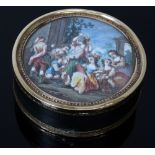 A French gold mounted, green lacquer and tortoiseshell lined circular snuff box,
